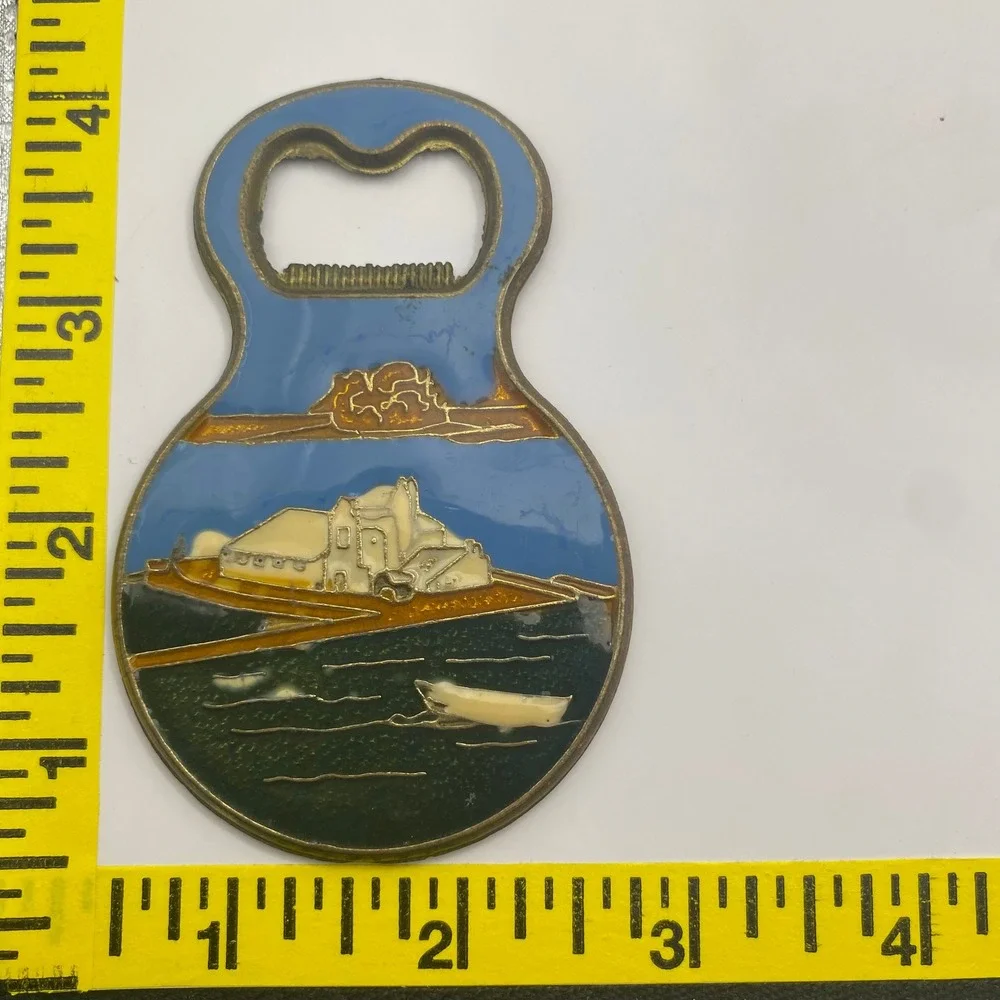 Vintage Viking Ship Coastal Scene Enamel Bottle Opener Double Sided Nautical Bar